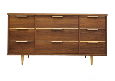 Mid Century Walnut Nine Drawer Dresser with Maple Pulls