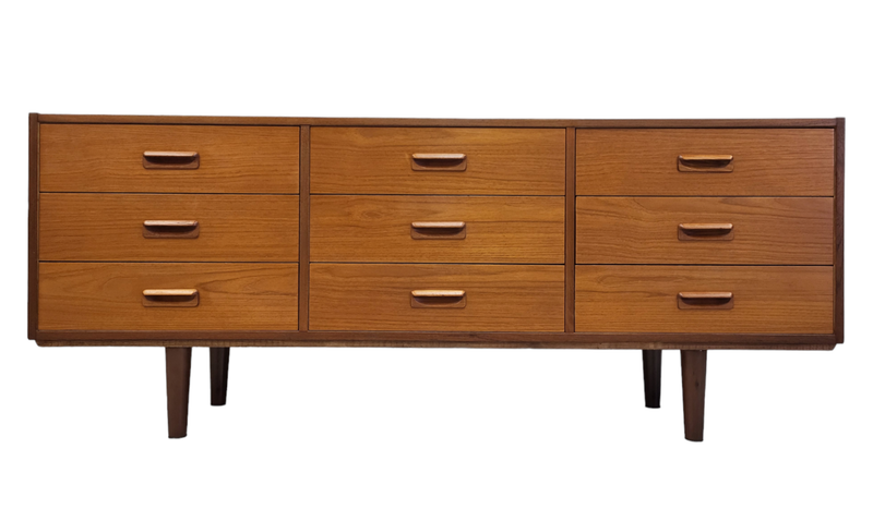 Mid Century Teak Nine Drawer Dresser