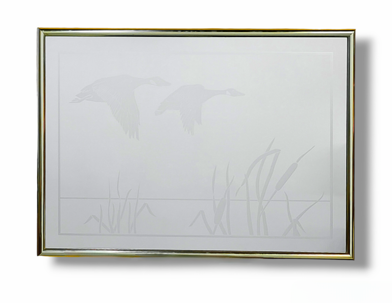Vintage Etched Art Mirror of Geese Flying Over Cattail Field