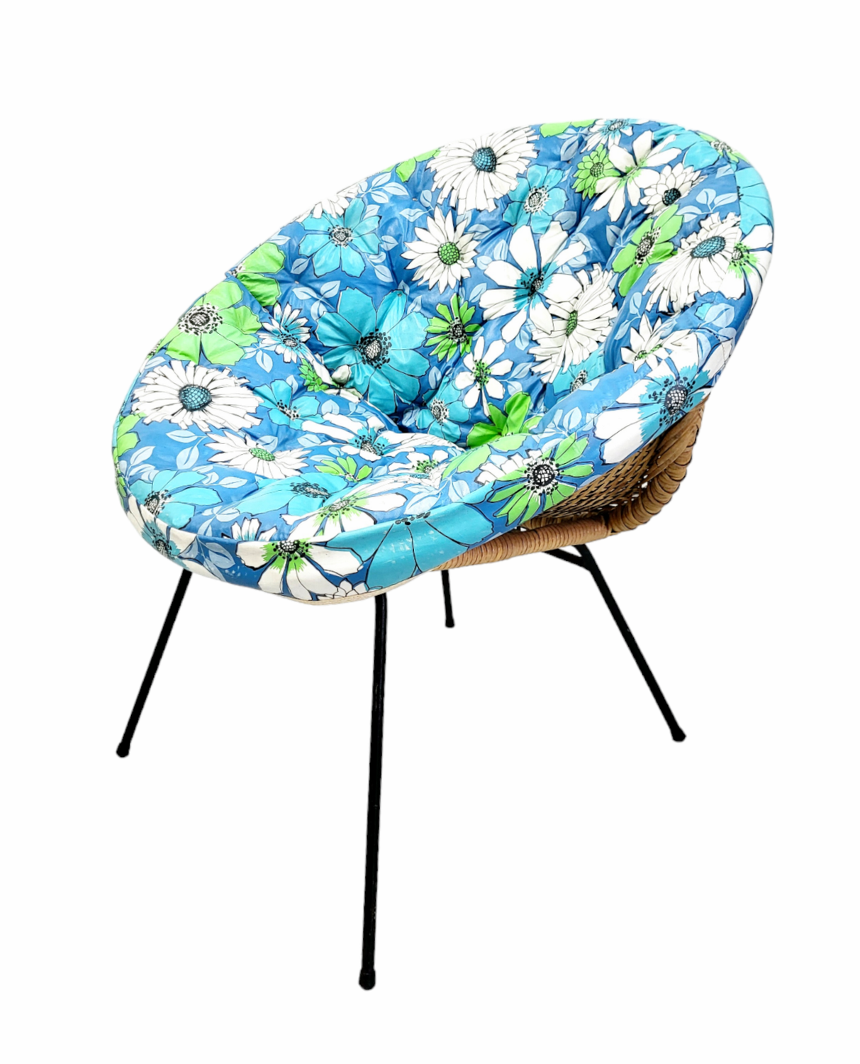 Rattan Lounge Chair / Patio Chair with Blue Floral Vinyl Seat Cushion