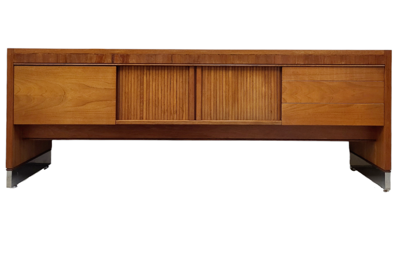 Post Modern Teak Credenza with Tambour Doors and Chrome Metal Feet