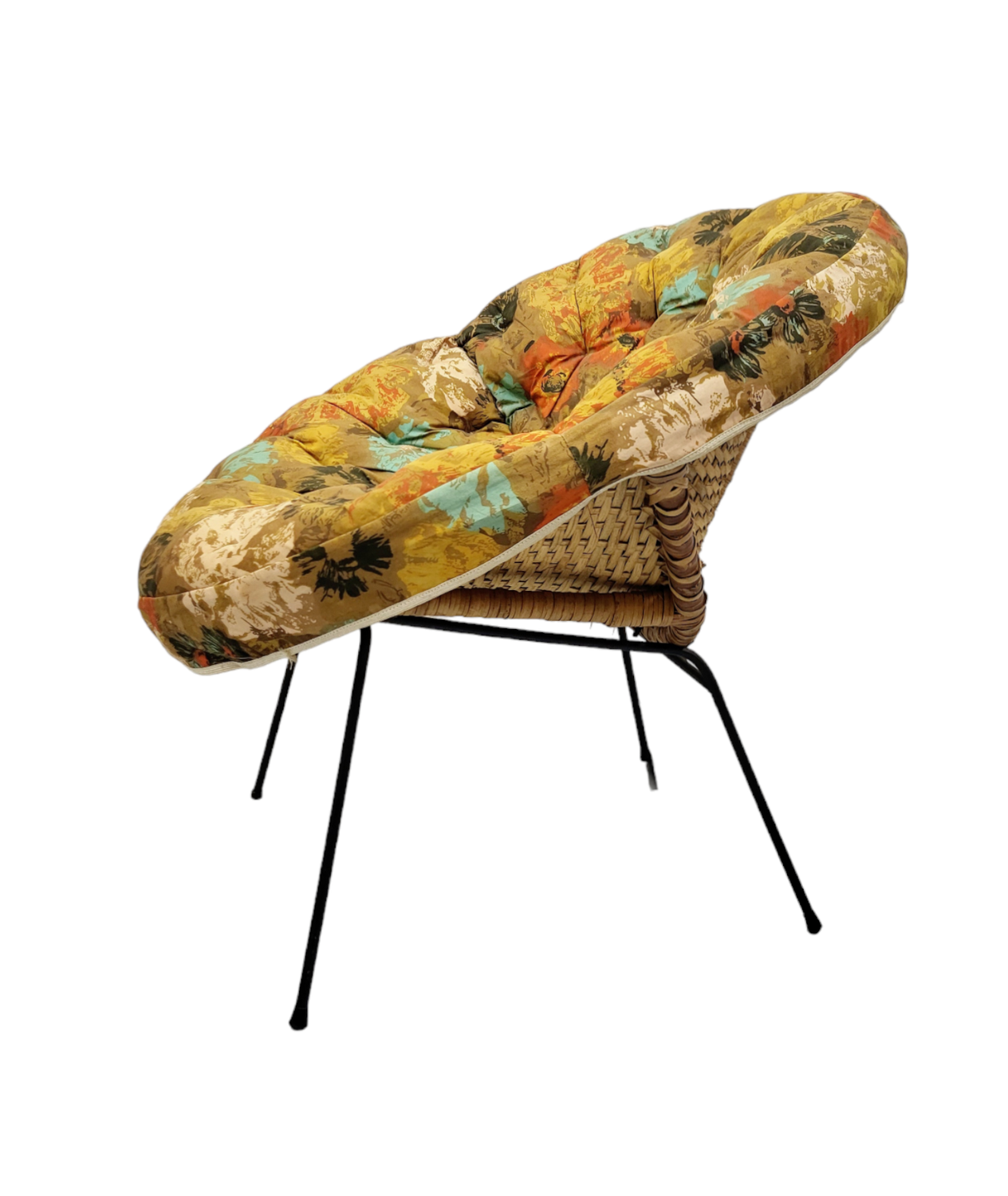 Mid Century Rattan Lounge Chair / Patio Chair with Brown Floral Fabric Seat Cushion