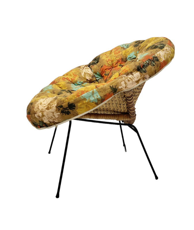 Mid Century Rattan Lounge Chair / Patio Chair with Brown Floral Fabric Seat Cushion