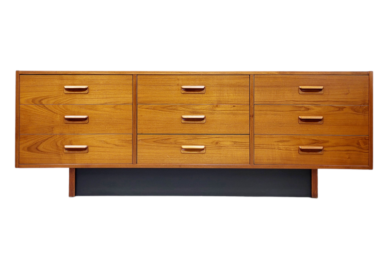Mid Century Teak Nine Drawer Dresser with Black Base