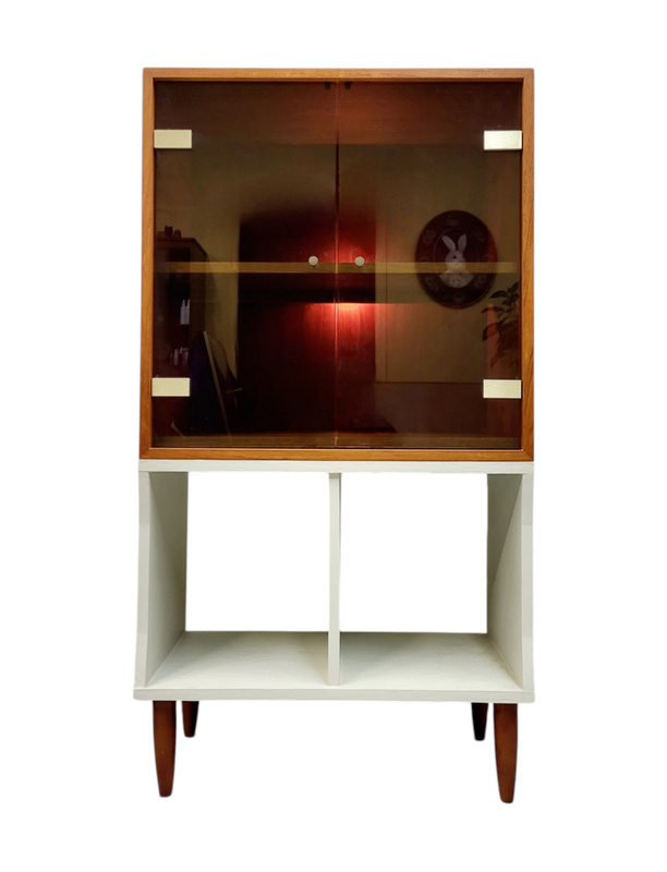 Mid Century Teak Display Cabinet with Custom Built Record Storage / Bookcase Bottom