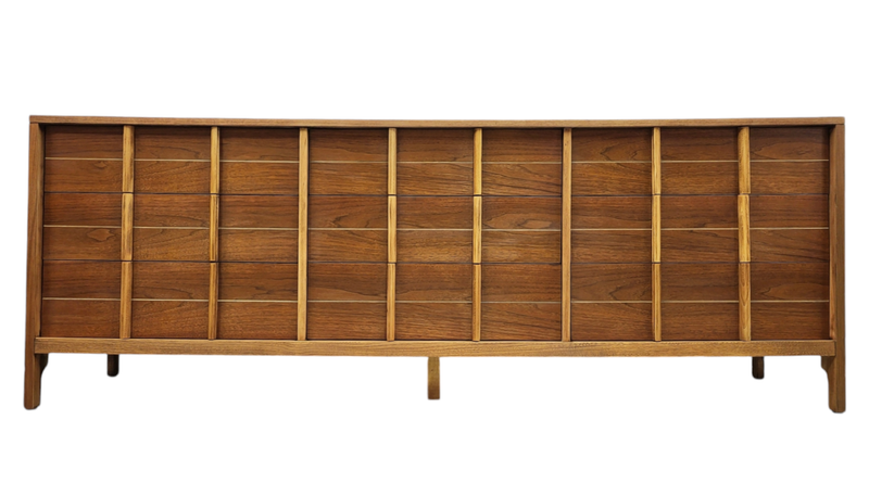 Mid Century Walnut and Elm Nine Drawer Long Dresser by Deilcraft