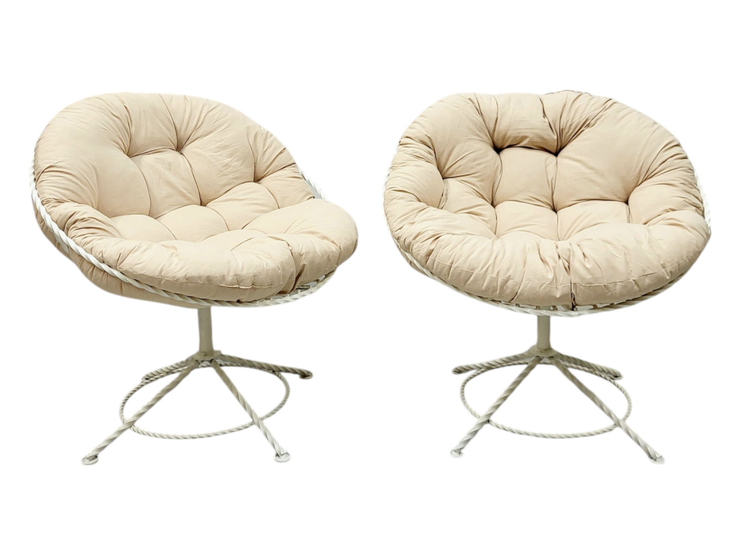 Pair of Mid Century White Metal Swivel Lounge Chairs with New Beige Cushions