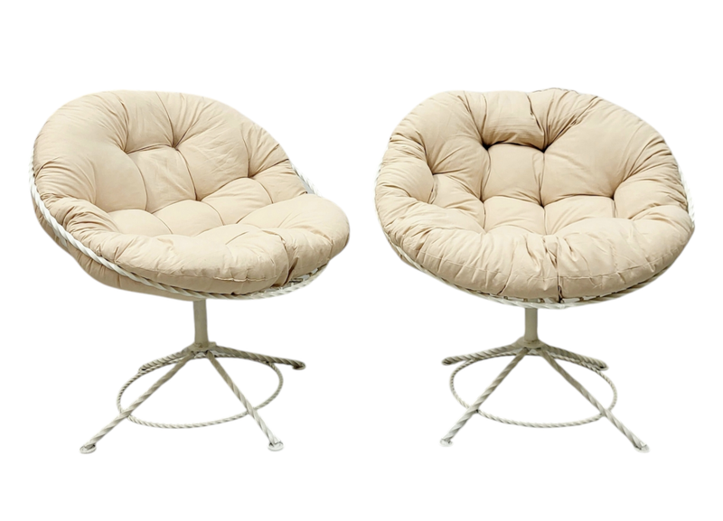Pair of Mid Century White Metal Swivel Lounge Chairs with New Beige Cushions