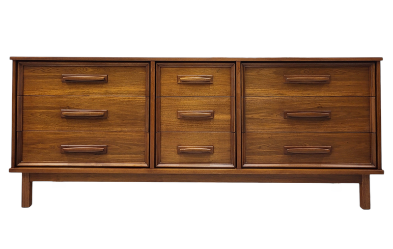 Mid Century Walnut Nine Drawer Dresser by Princeville Furniture