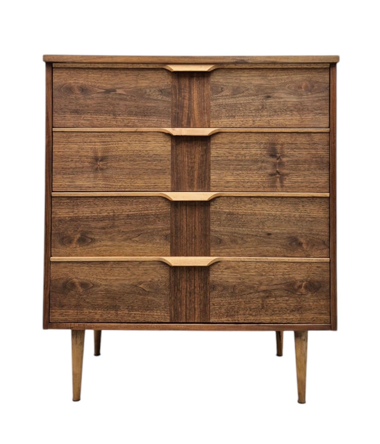 Mid Century Walnut and Maple Tallboy Dresser