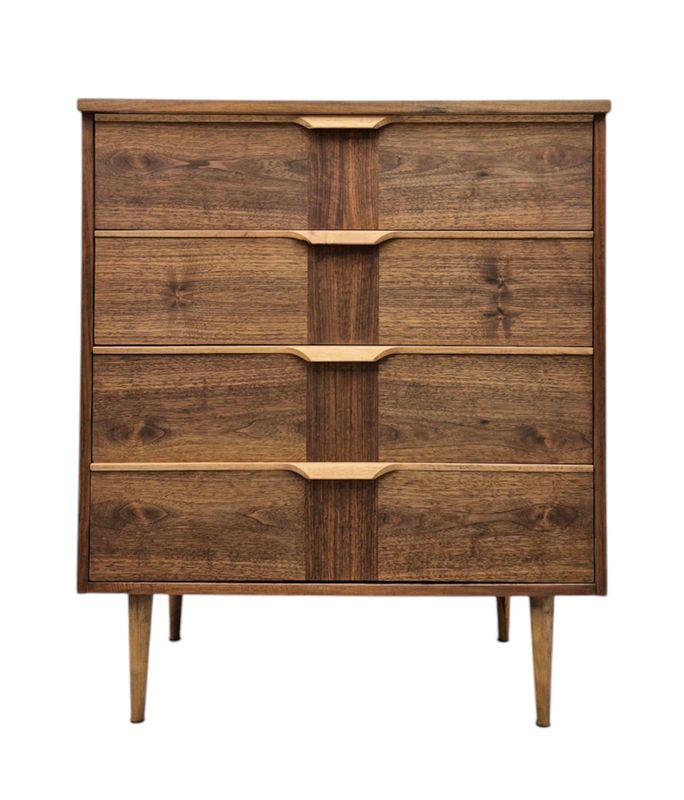 Mid Century Walnut and Maple Tallboy Dresser