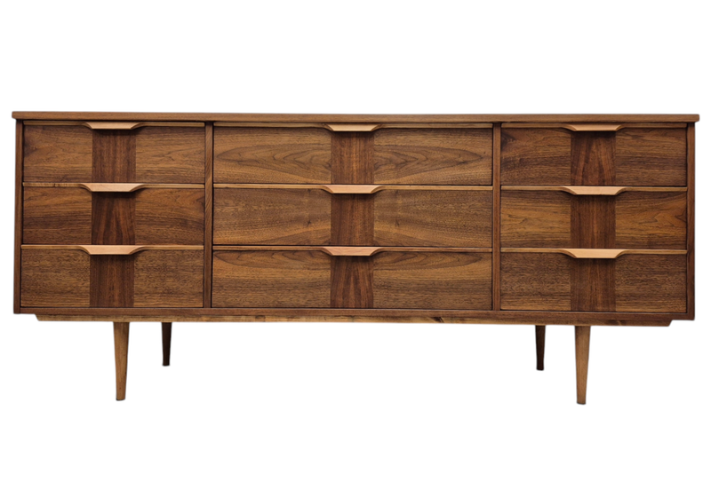 Mid Century Walnut and Maple Nine Drawer Dresser