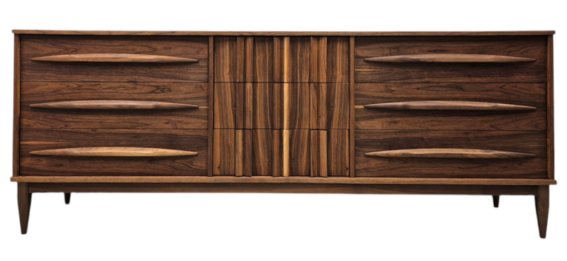 80" Mid Century Brutalist Walnut Nine Drawer Long Dresser