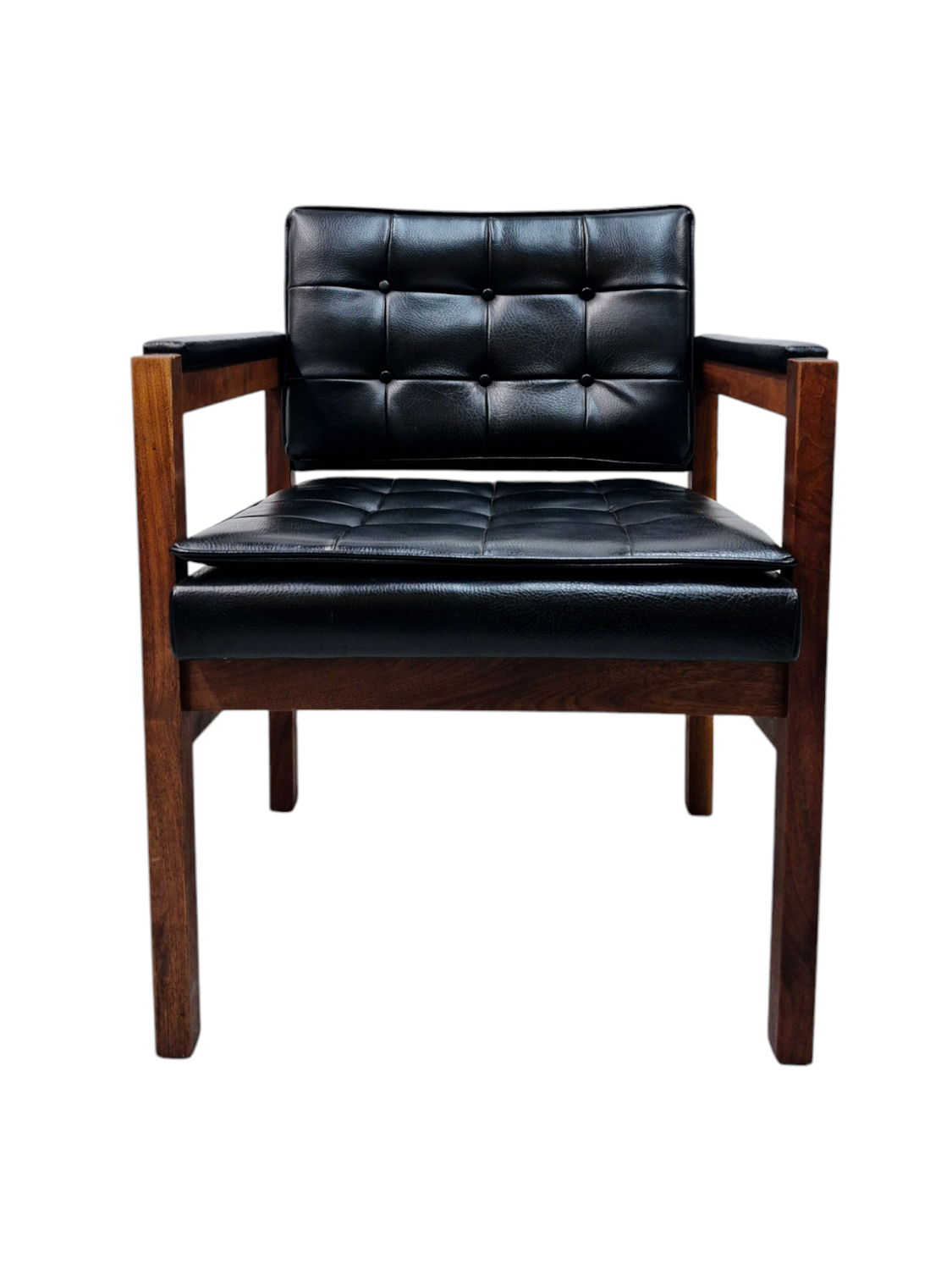 Mid Century Black Leather and Walnut Armchair