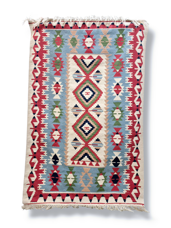 Turkish Blue and Red Kilm Wool Rug