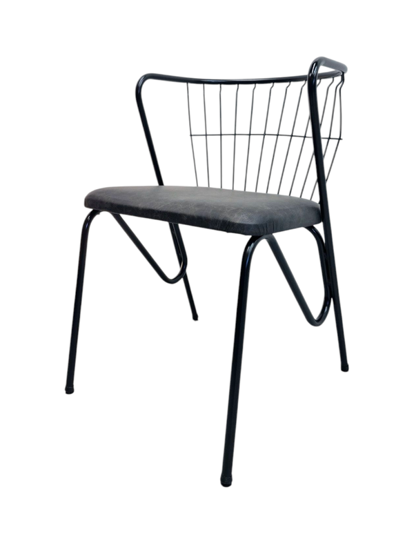 Mid Century Black Wire Armchair Side Chair with Genuine Leather Seat
