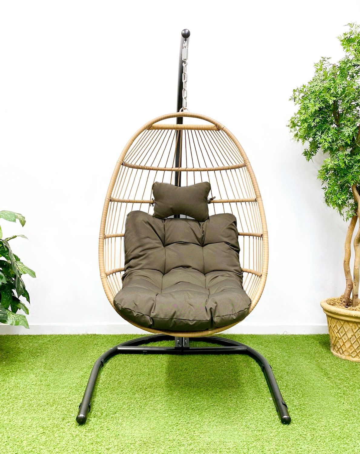 Single Seat Collapsible Swing Chair with Tan Wicker and Ropes