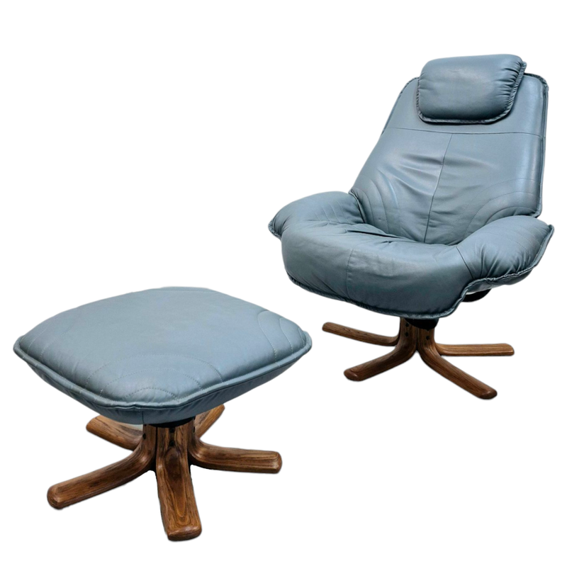 Vintage Teal Grey Genuine Leather Reclining Chair and Ottoman by Plydesigns