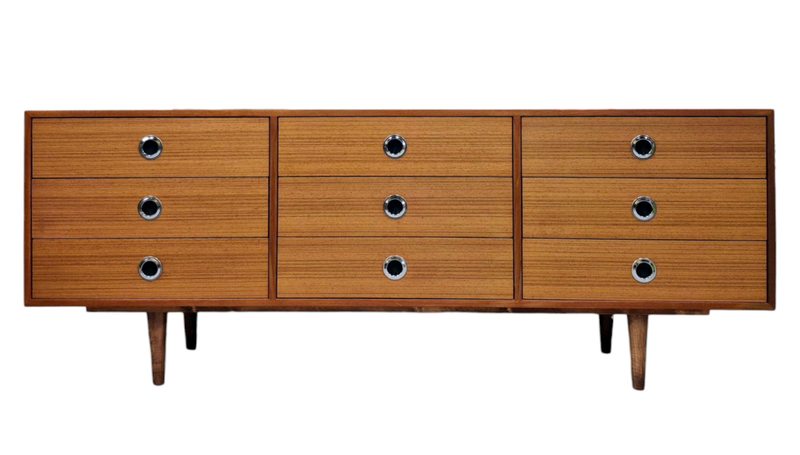 Mid Century Teak Lowboy Dresser with Black and Chrome Circle Pulls