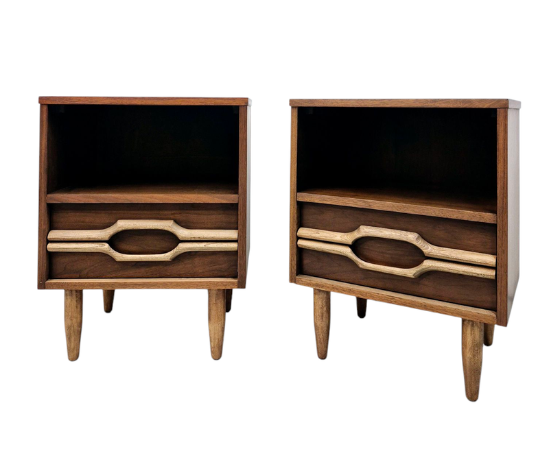 Pair of Mid Century Walnut Nightstands with Wavy Elm Pulls