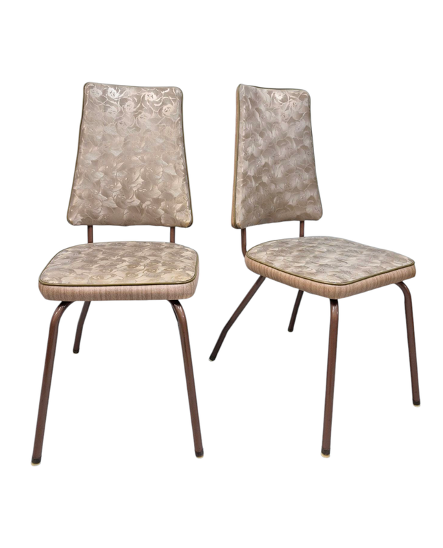 Pair of Vintage Diner Chairs with Champagne Floral Pattern Vinyl Upholstery by Dixie Dinettes Co