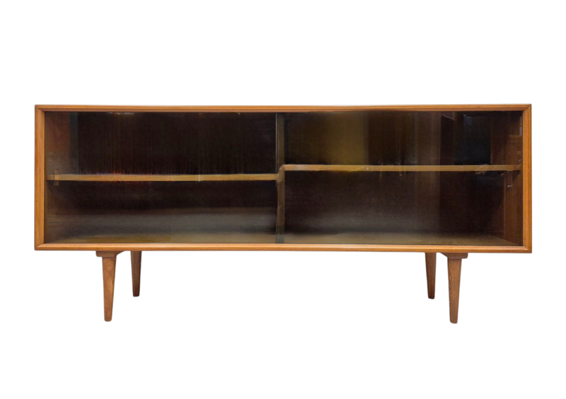 Danish Mid Century Teak Low Credenza with Smoke Glass Sliding Doors