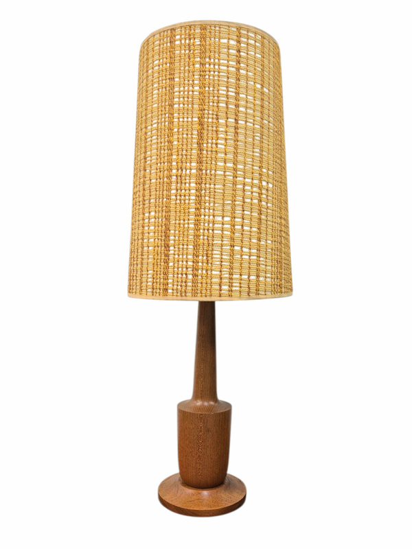 Mid Century Teak Table Lamp with Woven Shade