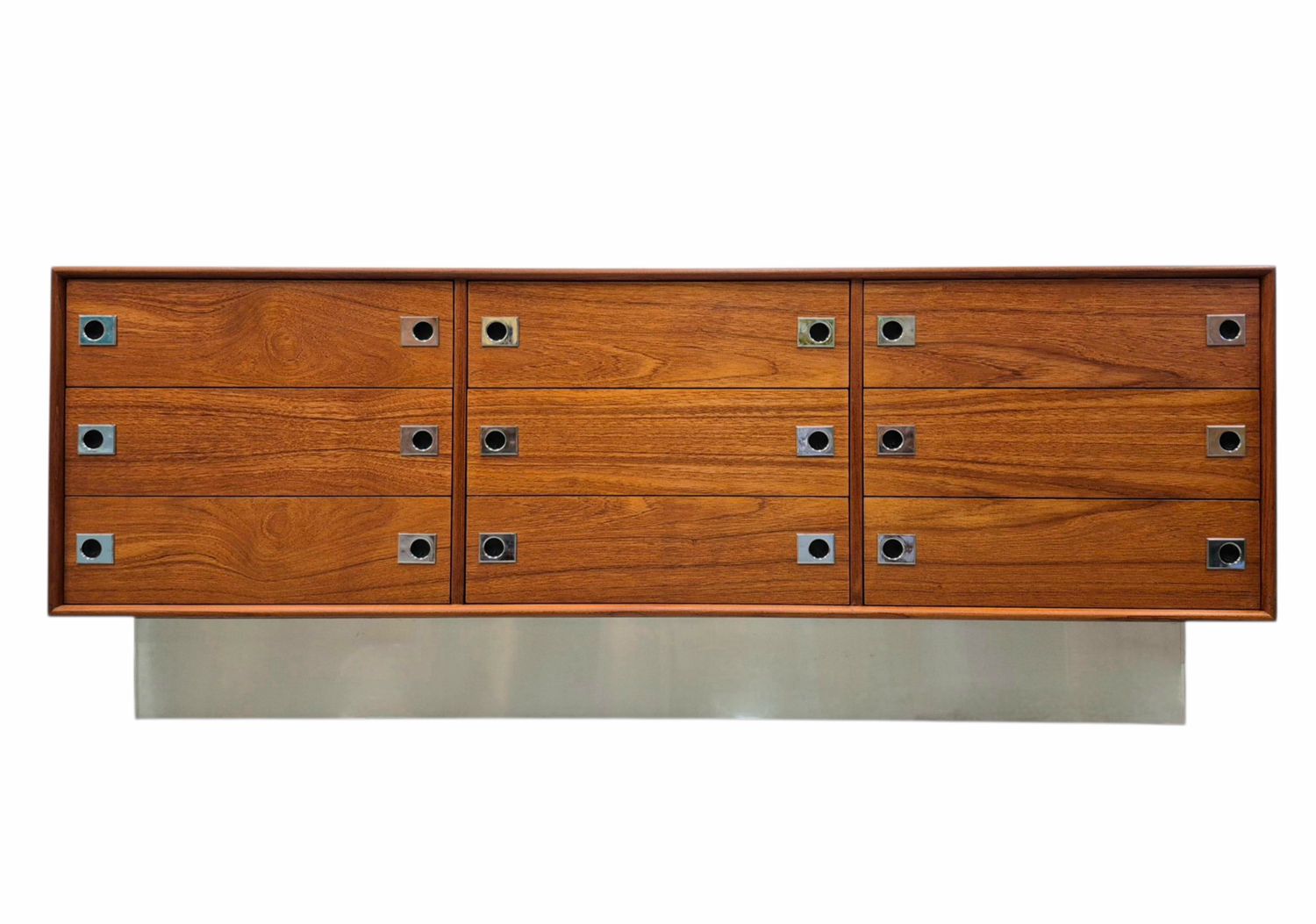 Mid Century Teak Nine Drawer Dresser on Steel Plinth Base