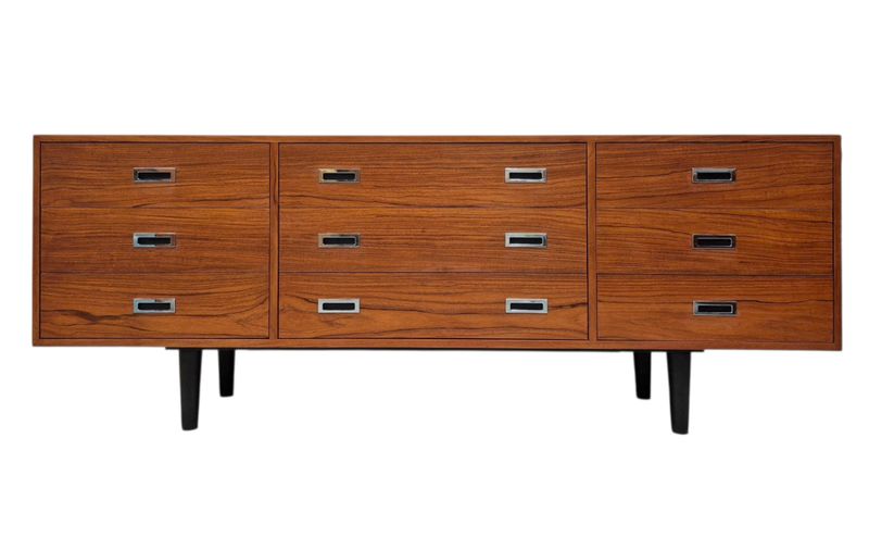 Mid Century Teak Nine Drawer Dresser with Chromed Pulls