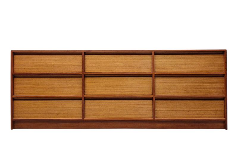 Large Mid Century Teak Nine Drawer Dresser