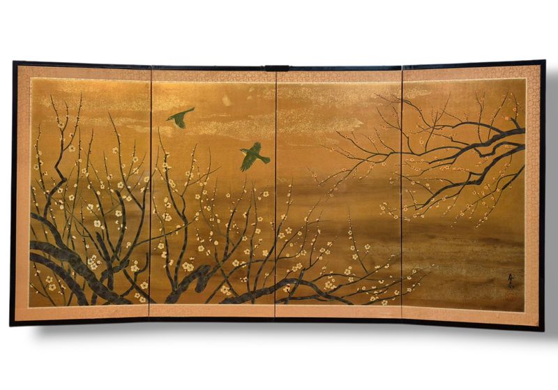 1960s Japanese 4 Panel Folding Byobu Showa Prunus With Song Birds on Silk Screen
