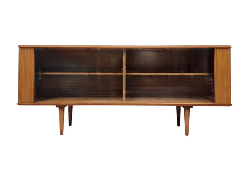 Mid Century Teak Low Credenza with Glass Sliding Doors by Clausen & Son