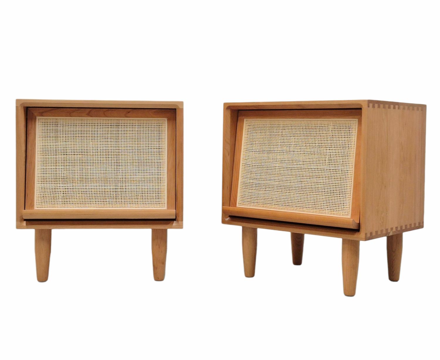 Pair of Japanese Style Solid Cherry Wood Nightstands with Woven Rattan Doors Pair of Japanese Style Solid Cherry Wood Nightstands with Woven Rattan Doors
