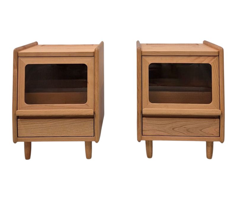 Pair of Japanese Mid Century Modern Style Solid Cherry Nightstands with Amber Glass Drawer