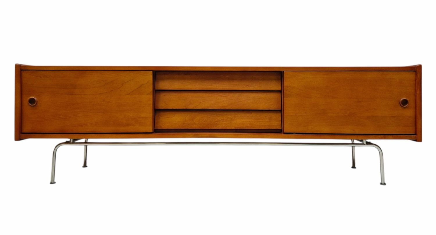 Retro Modern Solid Wood TV Credenza with Tubular Steel Legs