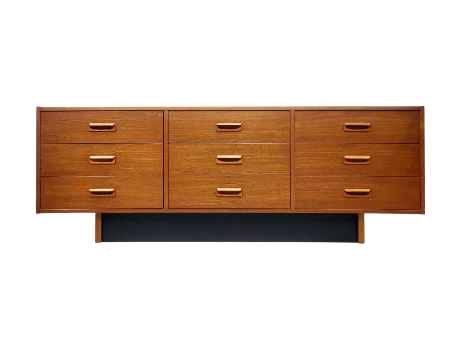Mid Century Teak Nine Drawer Dresser or Credenza with Black Plinth