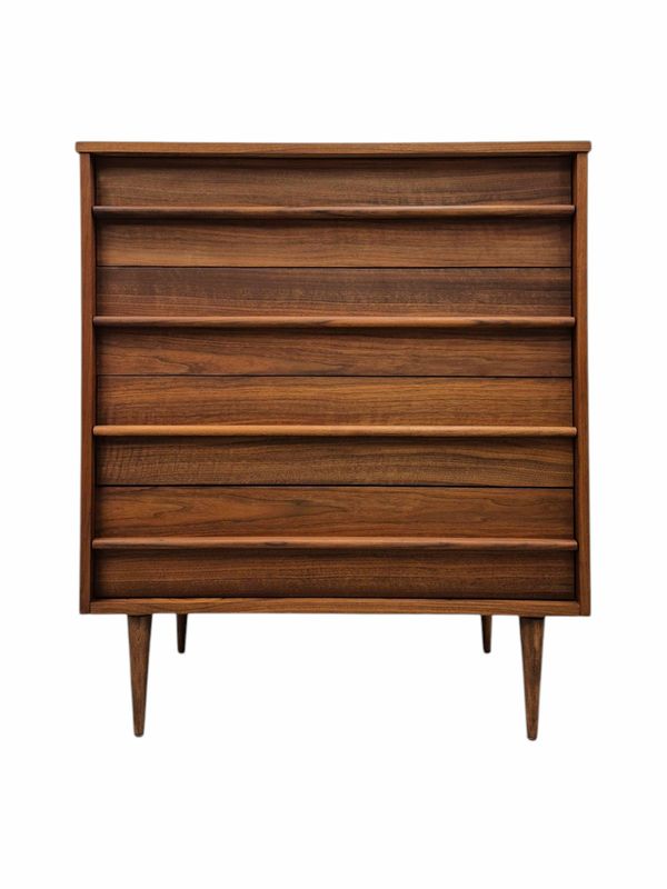 Mid Century Walnut Tallboy Dresser with Walnut Pulls