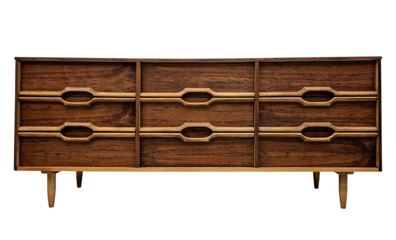 Mid Century Walnut Nine Drawer Dresser with Elm Wavy Pulls