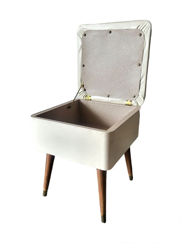 Mid Century Cream White Vinyl Storage Ottoman Stool