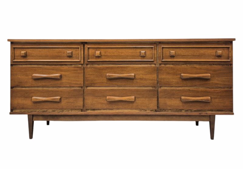 Mid Century Walnut Nine Drawer Dresser with Sculpted Wooden Knobs