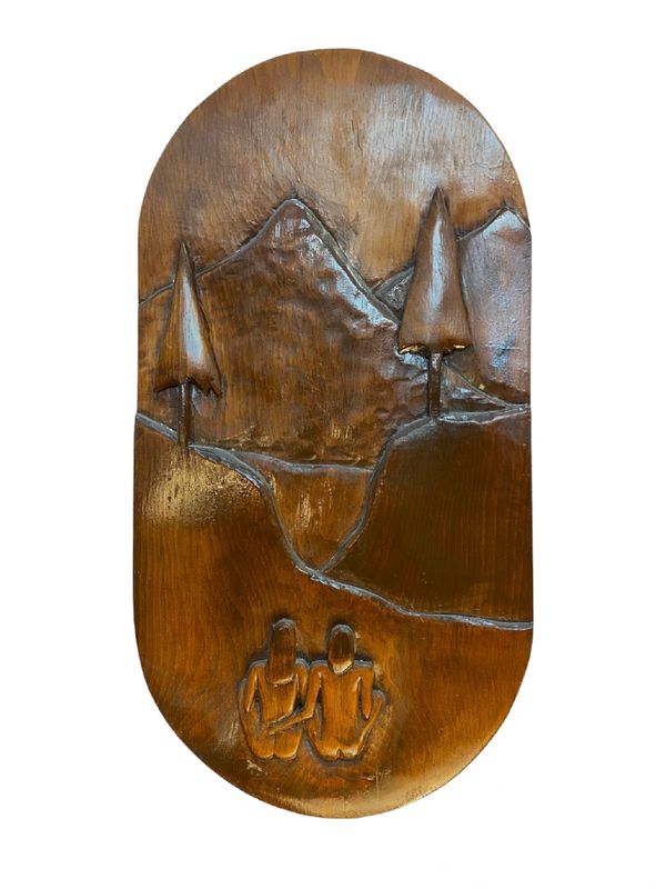 21” x 11” Vintage Woodcarving Wall Art of Couple and Mountain View