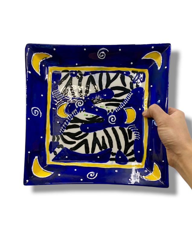 Handcrafted Blue Ceramic Square  Plate with Zebras