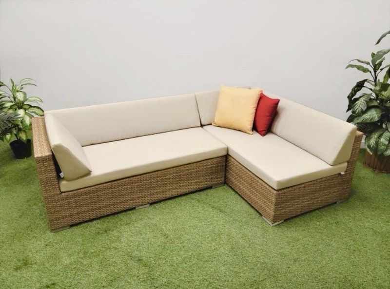 89" x 57" L Shape Aluminum Frame with Tan Wicker Outdoor Sectional Couch
