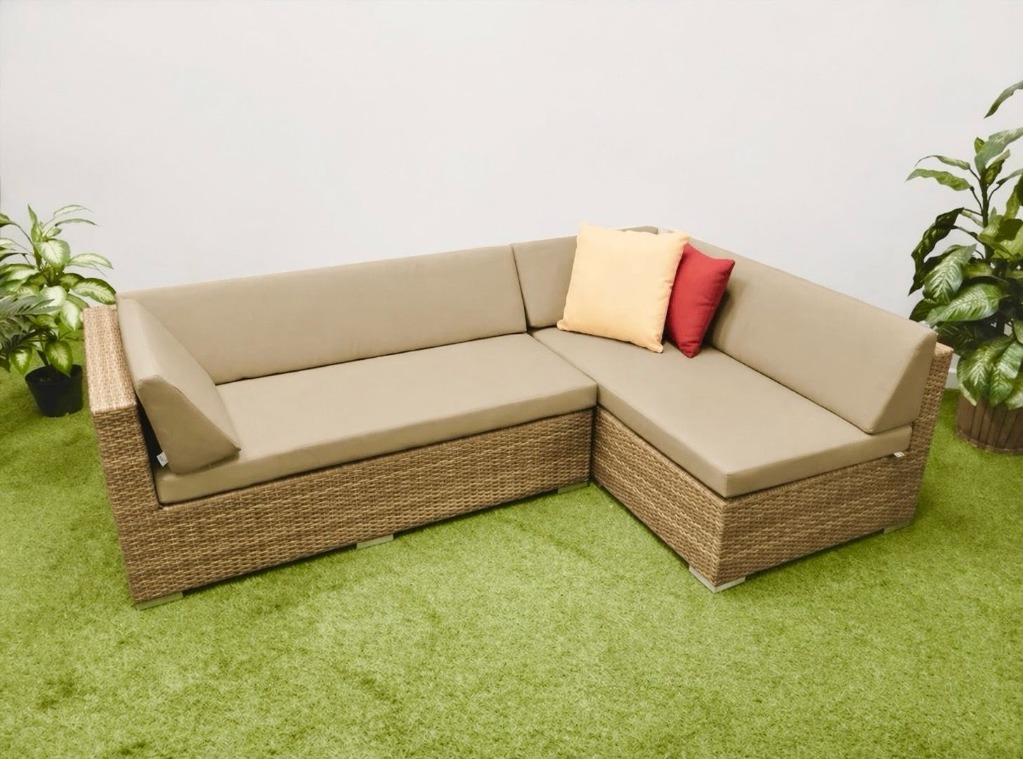 89" x 57" L Shape Aluminum Frame with Tan Wicker Outdoor Sectional Couch