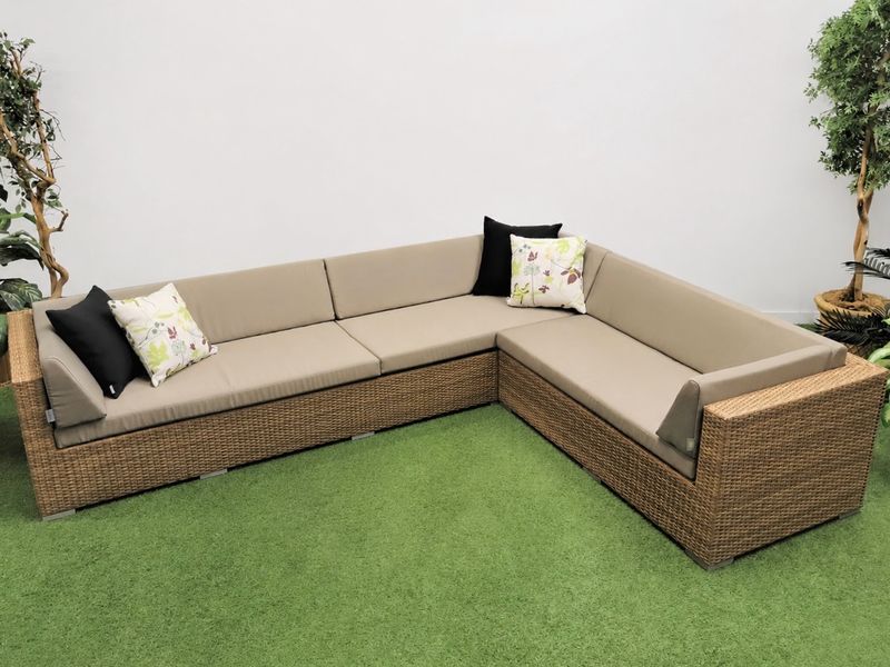 114" x 89" L Shape Aluminum Frame with Tan Wicker Outdoor Sectional Couch