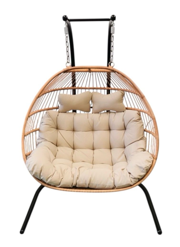 Double Seat Collapsible Swing Chair with Tan Wicker and Ropes