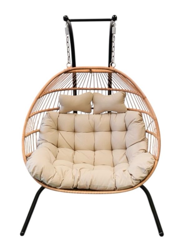 Double Seat Collapsible Swing Chair with Tan Wicker and Ropes