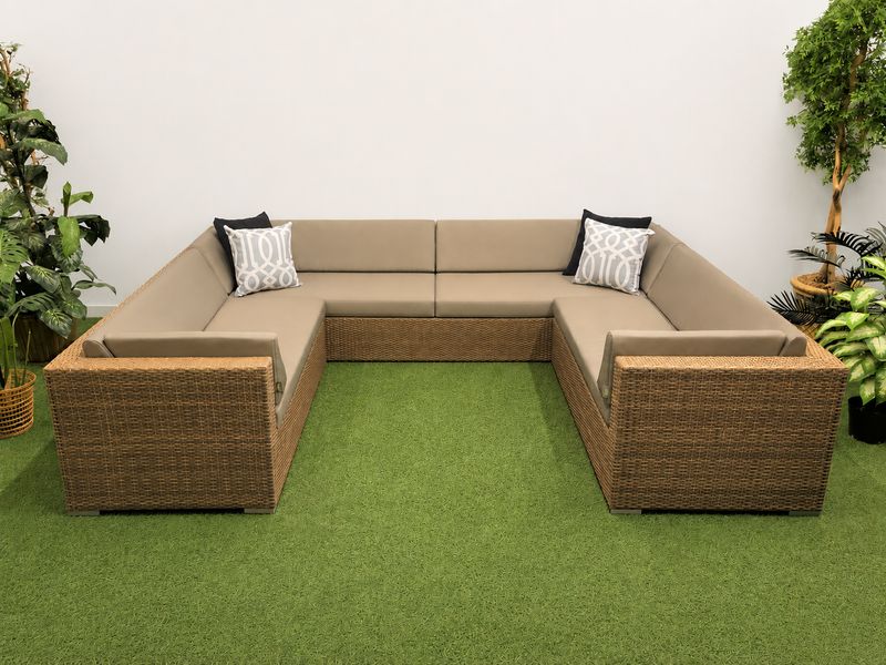 114" x 89" U Shape Aluminum Frame with Tan Wicker Outdoor Sectional Couch