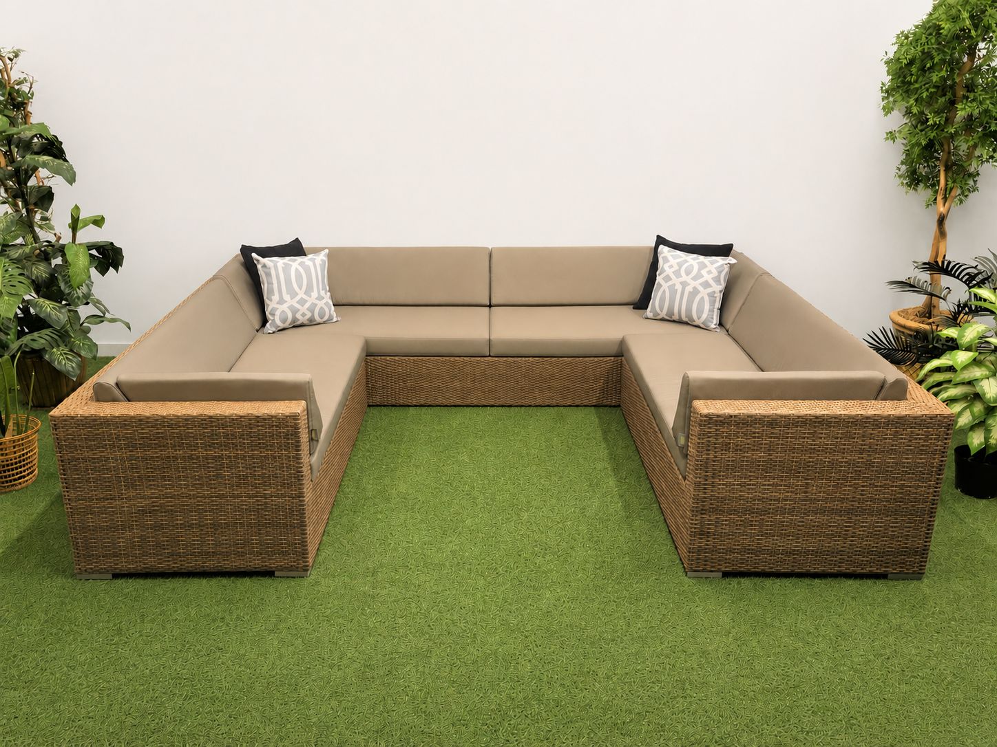 114 114" x 89" U Shape Aluminum Frame with Tan Wicker Outdoor Sectional Couch