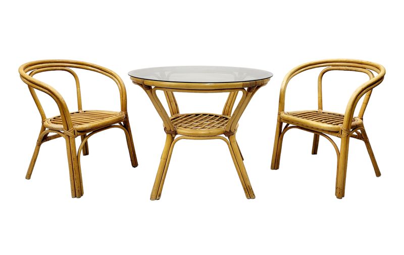 Vintage Rattan Table with Two Armchairs